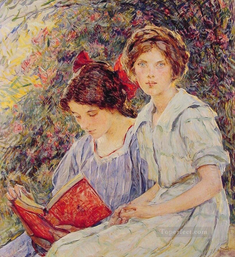 二人の女の子の読書女性ロバート・リード油絵